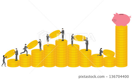 Collaborative investment strategy and wealth management with fluctuating gold coin chart towards saving goal 136704400