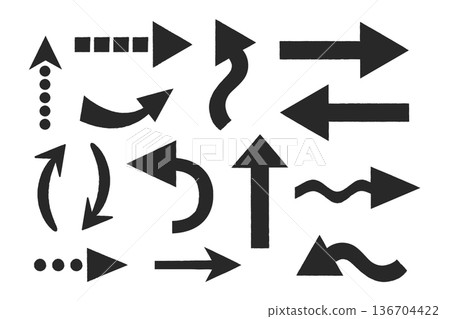 Collection of black arrows with a torn edge. Arrows with different shapes and directions, dotted arrows. Vector illustration Collection of black arrows with a torn edge. Arrows with different shapes and directions, dotted arrows. Vector illustration 136704422