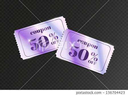 Two holographic coupons with discount on dark transparent background. Shiny purple special offer vouchers, discount cards. Vector illustration Two holographic coupons with discount on dark transparent background. Shiny purple special offer vouchers, discount cards. Vector illustration 136704423