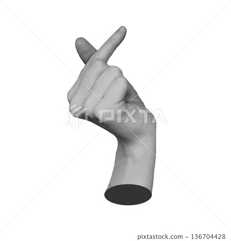 Halftone female hand making giving heart gesture. Realistic vector hand showing heart isolated on white background. Giving love gesture Halftone female hand making giving heart gesture. Realistic vector hand showing heart isolated on white background. Giving love gesture 136704428
