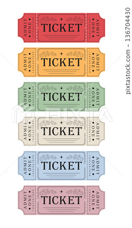 Collection of ticket templates in retro design isolated on white background. Retro ticket coupons in different colors. Vector illustration Collection of ticket templates in retro design isolated on white background. Retro ticket coupons in different colors. Vector illustration 136704430