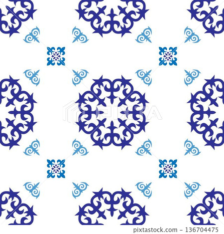Talavera pattern.  Azulejos portugal. Turkish ornament. Moroccan tile mosaic. Ceramic tableware, folk print. Spanish pottery. Ethnic background. Mediterranean seamless  wallpaper. 136704475