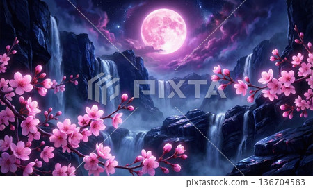 Fantasy night landscape with waterfalls, full pink moon and blooming sakura cherry blossom branches illustration 136704583