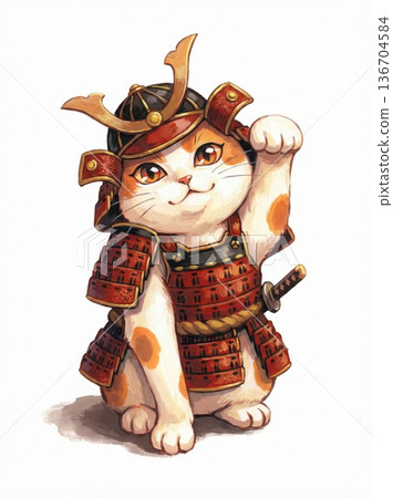 Cute cat samurai warrior wearing traditional red Japanese armor and helmet illustration isolated on white background 136704584