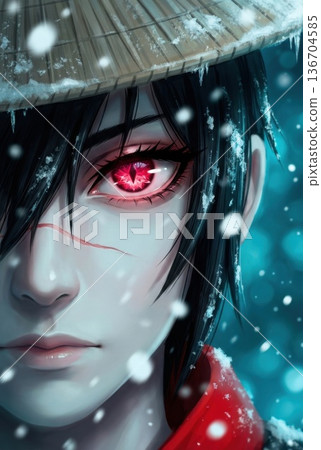 Close up anime style character portrait with glowing red eye and scar wearing straw hat in falling snow illustration 136704585