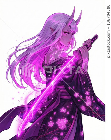 Fantasy anime demon girl with horns holding glowing pink katana sword wearing floral kimono illustration 136704586