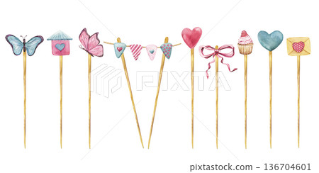 Party Toppers and Decorative Sticks Watercolor Illustration Set Party Toppers and Decorative Sticks Watercolor Illustration Set 136704601