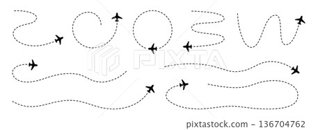 飛行路線示意圖。包括飛機輪廓圖示和虛線表示的路線。 136704762