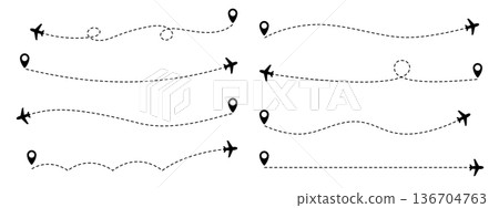 Flight path illustration set. Airplane silhouette icon and dashed line route and destination pins. 136704763