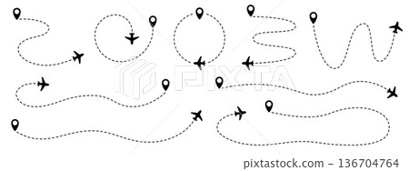 飛行路線示意圖集。包括飛機輪廓圖示、虛線路線和目的地標記。 136704764