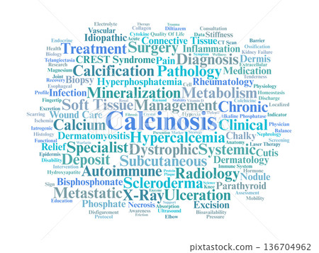 Calcinosis Word Cloud. Key Terms in Soft Tissue Mineralization and Autoimmune Pathology 136704962