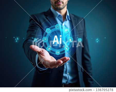 Businessman holding futuristic artificial intelligence AI hologram icon with digital network connection icons in his hand - concept of innovation and digital transformation in business. 136705278