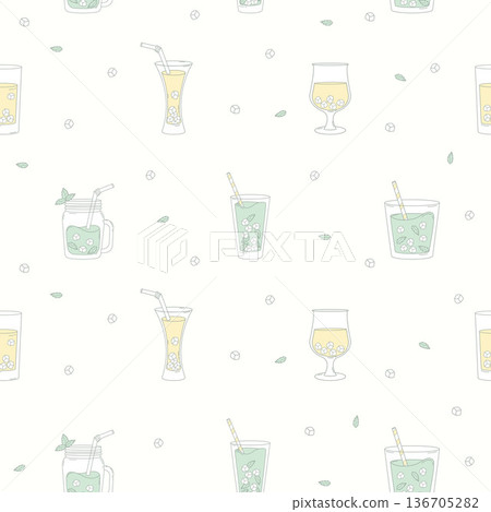 Fresh Summer Drink Lemonade Seamless Pattern. Refreshing Mint Green and Yellow Cocktail in Drinking Glasses with Ice Cubes on White Background. Minimalist Square template. Vector Illustration 136705282