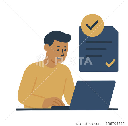 The man is using a laptop and working with a list in his hand. 136705511