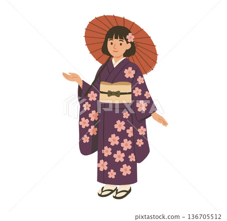 A woman in a traditional Japanese kimono holding an umbrella 136705512