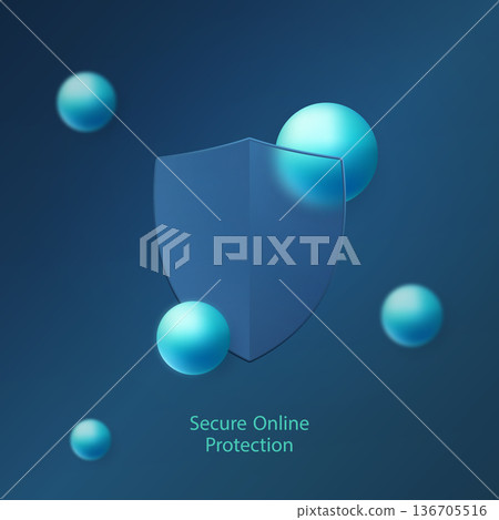 Blue shield icon with glass morphism effect and abstract spheres 136705516