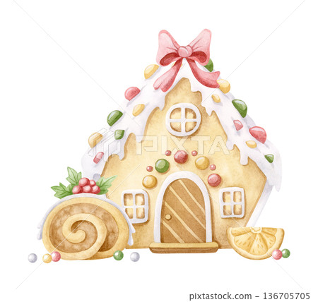Christmas desserts watercolor hand drawn illustration isolated on white. Gingerbread house, decorated Yule log cake and dried orange for New Year's stickers and printing. Festive holiday clip art Christmas desserts watercolor hand drawn illustration isolated on white. Gingerbread house, decorated Yule log cake and dried orange for New Year's stickers and printing. Festive holiday clip art 136705705