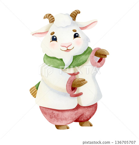 Watercolor white goat in winter coat and scarf illustration in traditional Christmas colors. Cute smiling character for Happy New Year greeting clip art. Chinese zodiac calendar symbol of 2027 Watercolor white goat in winter coat and scarf illustration in traditional Christmas colors. Cute smiling character for Happy New Year greeting clip art. Chinese zodiac calendar symbol of 2027 136705707