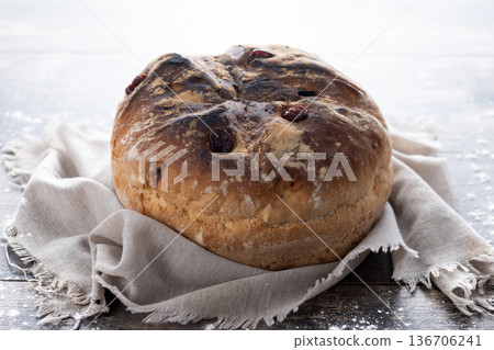 Traditional Irish soda bread with raisins, freshly baked Traditional Irish soda bread with raisins, freshly baked 136706241