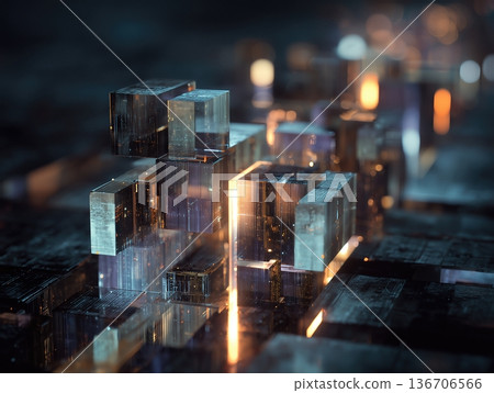 Digital blocks of information create a complex structure with light effects at night in a virtual environment 136706566