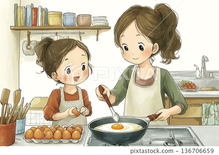 Elementary school student mother and daughter try cooking in a frying pan | Egg cracking experience, food education illustration for home learning 136706659