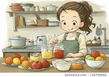 Elementary school girl making fruit punch at home | Food education/home cooking experience illustration 136706660