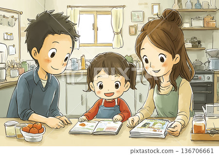 Elementary school girl sorting out her purchases after her first shopping experience | Financial education at home/parent-child time illustration Elementary school girl sorting out her purchases after her first shopping experience | Financial education at home/parent-child time illustration 136706661