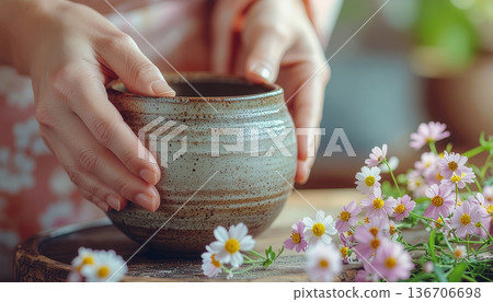 一雙女人的手正在日式陶瓷器皿上插花。這展現了一種細緻的生活方式。 136706698