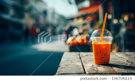Thai milk tea in plastic cup on rustic table, urban street 136706814