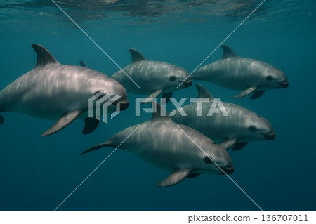 水下照片，展現了世界上最小、最稀有的海洋哺乳動物——小頭鼠海豚——在美麗的藍色海洋中成群游泳的景象。 136707011