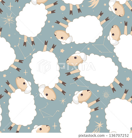 Cute sheep in the night sky seamless pattern. White lambs, constellations, planets, and stars nursery background. Design for prints, fabric, textile, wallpaper, wrapping paper. Vector illustration 136707252