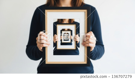 Surreal infinite recursion with person holding framed mirror illusion 136707279