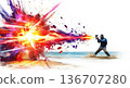 Paintball player shooting colorful splash explosion on beach 136707280
