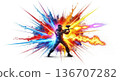 Paintball player engaging in colorful action explosion 136707282