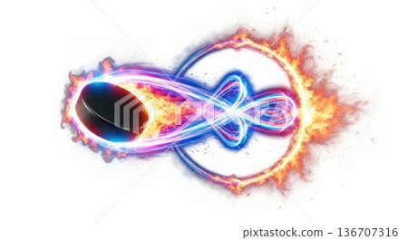 Hockey puck flying with dynamic fire and neon energy trails 136707316