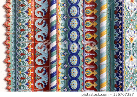 Ornate colorful ceramic tiles form a floral patterns 136707387