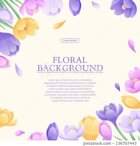 Colorful background with beautiful crocuses. The concept of spring, wedding, March 8th, mother's day, birthday. Vector illustration for the design of posters, flyers, postcards, invitations 136707443