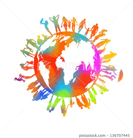 Abstract colorful world and happy people. Silhouettes of people around the globe. hand drawn. Not AI, Vector illustration Abstract colorful world and happy people. Silhouettes of people around the globe. hand drawn. Not AI, Vector illustration 136707445