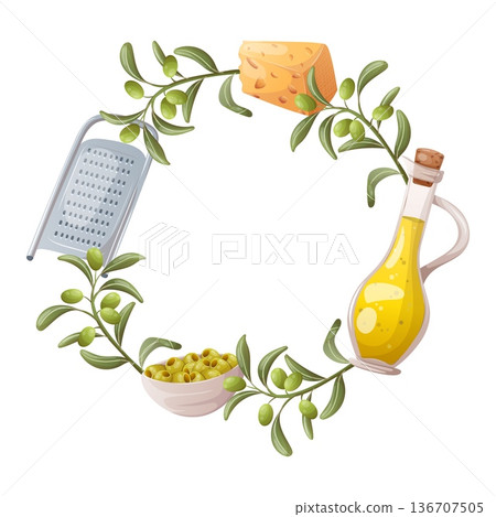 Olive wreath with cheese, oil and grater 136707505
