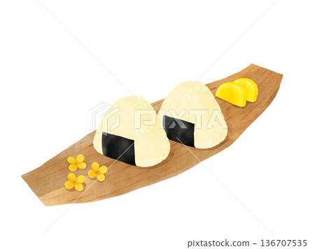 水彩插畫，描繪了竹皮上盛裝的飯糰、醃蘿蔔和油菜花，展現了春日野餐的場景。 136707535