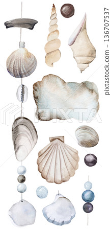 Vertical watercolor seashell garland with beads on string, coastal boho wedding illustration 136707537