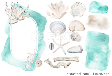 Hand drawn watercolor diamond frame setwith seashells , copy space. Coastal wedding stationery Hand drawn watercolor diamond frame setwith seashells , copy space. Coastal wedding stationery 136707546
