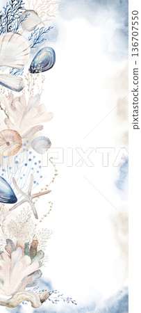 Frame with beige, blue and grey watercolor seashells, illustration for coastal beach wedding 136707550