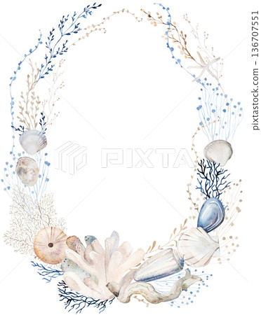 Wreath with beige, blue and grey watercolor seashells, isolated illustration for coastal beach wedding Wreath with beige, blue and grey watercolor seashells, isolated illustration for coastal beach wedding 136707551