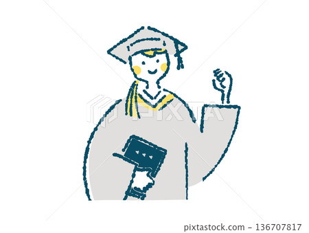 一位身穿學術禮服的女性上半身插圖，她正在做擊拳動作 136707817