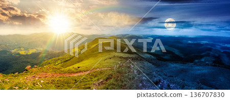 beautiful landscape of mountainous area on summer solstice. day and night time change. panoramic view of ridge in dappled light of sun and moon. alpine scenery with path through green grass on slopes 136707830