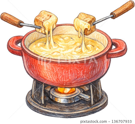 Hand drawn colored pencil Swiss cheese fondue illustration, transparent background 136707933