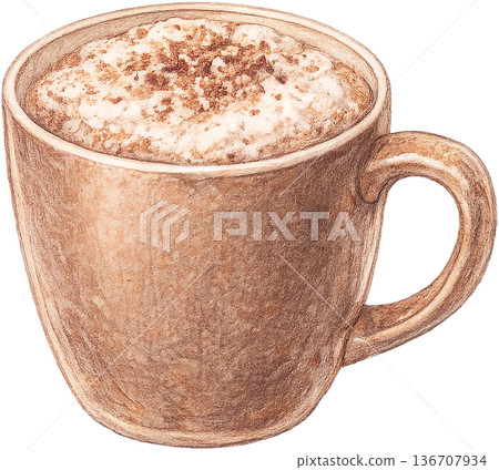 Hand drawn colored pencil hot chocolate illustration, Swiss drink, transparent background 136707934
