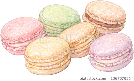 Hand drawn colored pencil Luxemburgerli macaron illustration, Swiss dessert, transparent background Hand drawn colored pencil Luxemburgerli macaron illustration, Swiss dessert, transparent background 136707935