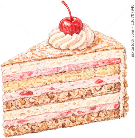 Hand drawn colored pencil Zuger Kirschtorte illustration, Swiss cake, transparent background 136707940